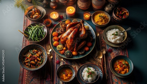 Traditional Thanksgiving Feast with Roasted Turkey and Autumn Harvest Sides 8K Resolution