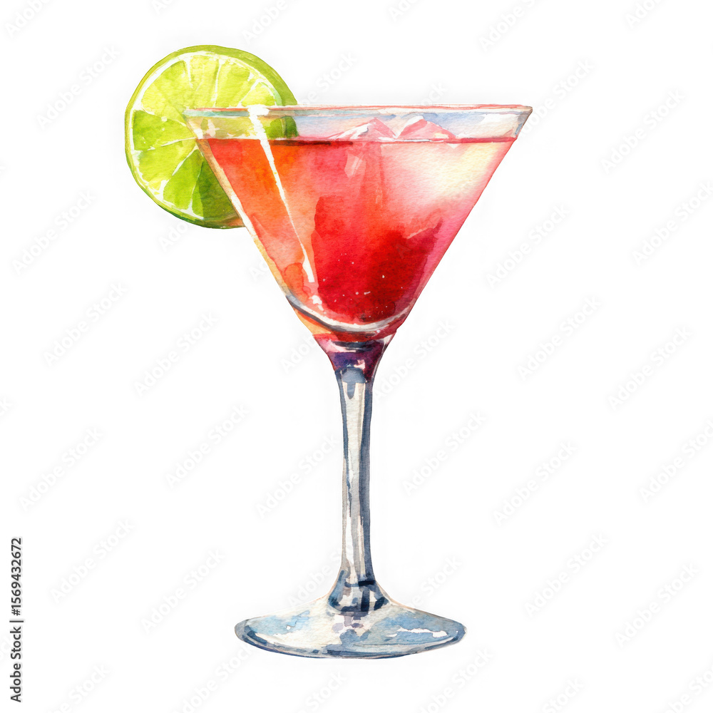 Watercolor painting of a vibrant red cosmopolitan cocktail with a lime wedge garnish isolated on transparent background Watercolor painting of a vibrant red cosmopolitan cocktail with a lime wedge garnish isolated on transparent background
