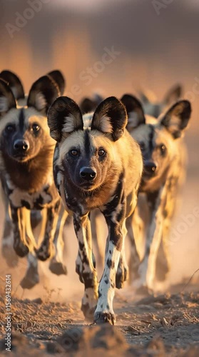 Pack of African Wild Dogs in Motion Blur During Intense Hunt