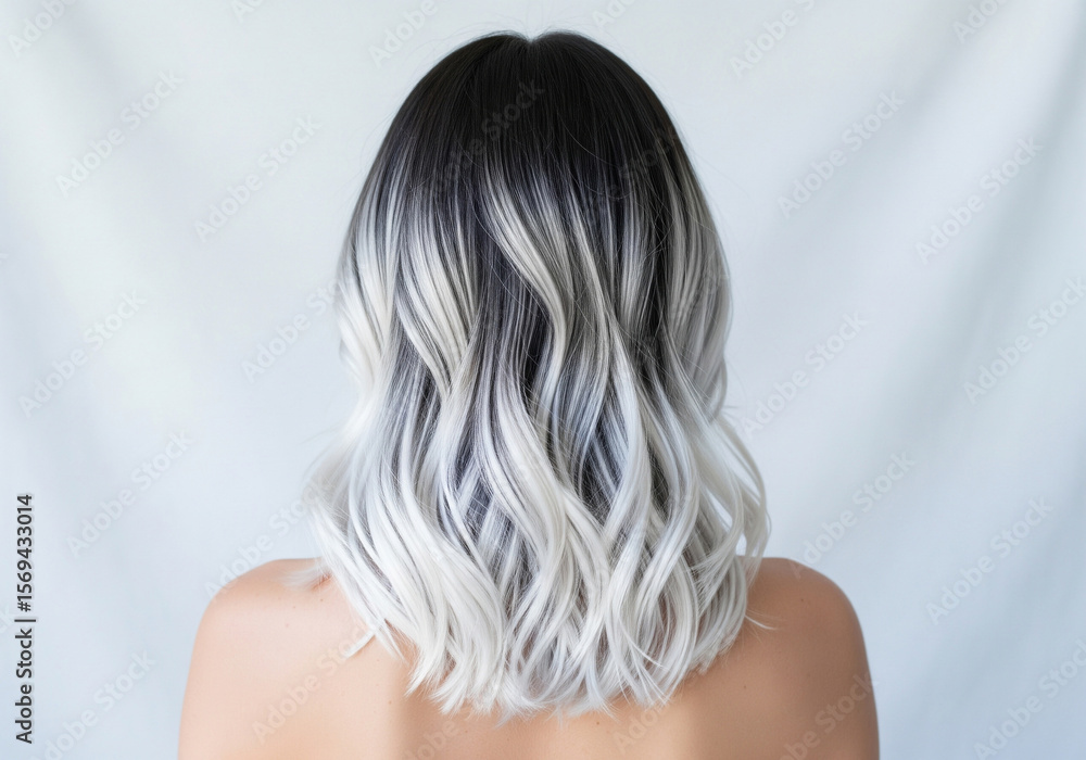 Fototapeta premium Rear view of a woman with long, wavy hair, her hair styled from dark roots to silver-white tips