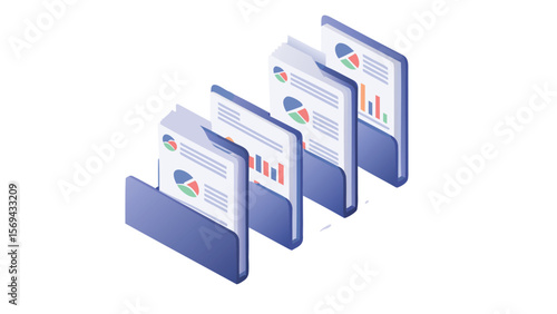 Isometric view of four blue folders filled with documents showing charts and graphs data analysis