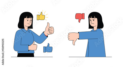 Two women express different opinions with thumbs up and thumbs down gestures and icons