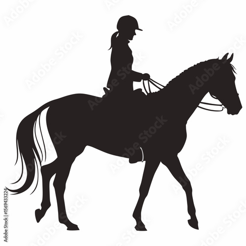 Black silhouette of a horse and rider in motion white background