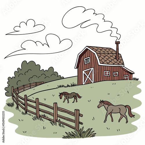 Brown barn with horses grazing on green hill with wooden fence and clouds vector