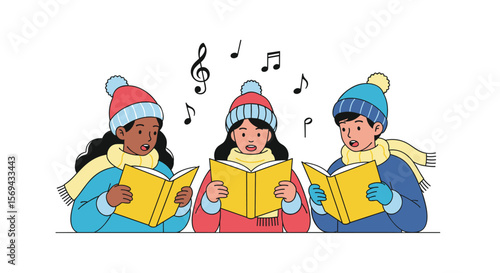 Children in warm winter clothes singing carols from books together outdoors