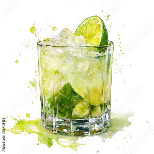 Refreshing watercolor caipirinha cocktail with lime and ice isolated on transparent background