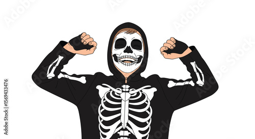 Halloween skeleton costume flexing biceps and showing off muscles