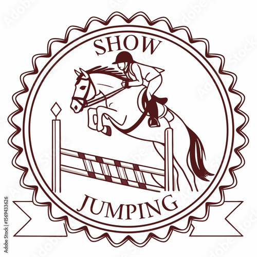 Equestrian athlete jumping horse over obstacle emblem show jumping rider