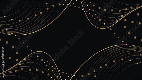 Abstract black and white background with swirling lines, metallic circles, and a futuristic light pattern