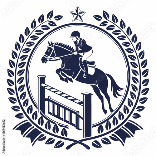 Equestrian jumping competition emblem with horse and rider show jumping