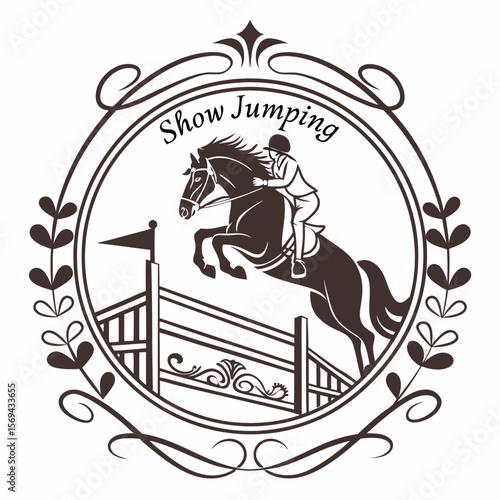 Equestrian horse rider jumping over obstacle emblem show jumping