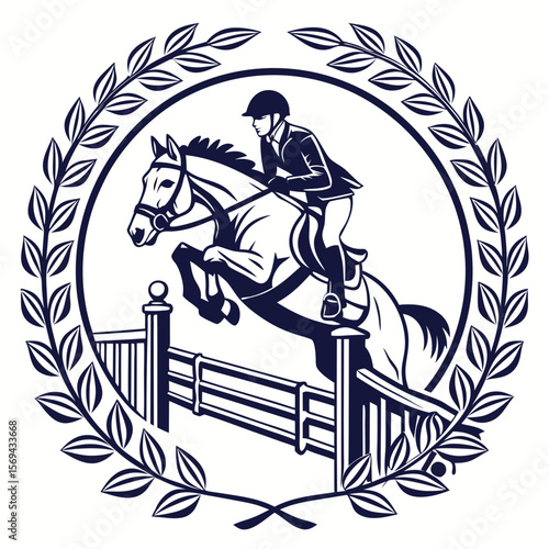 Equestrian jumping competition emblem with horse and rider show jumping