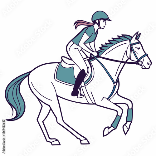 Equestrian rider on galloping horse with teal accents horse riding
