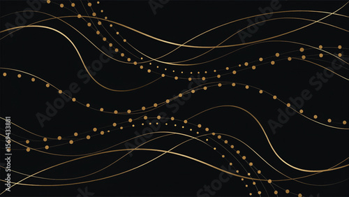 Abstract black and white background with swirling lines, metallic circles, and a futuristic light pattern