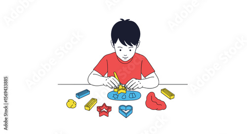 Young boy creating with colorful modeling clay and shape cutters on a table
