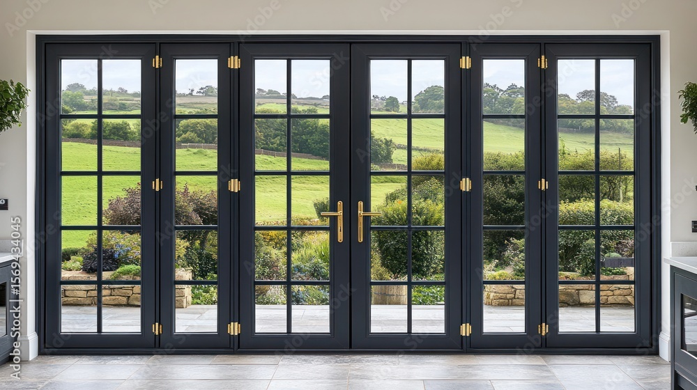 Fototapeta premium Dark-framed bi-fold doors, countryside view