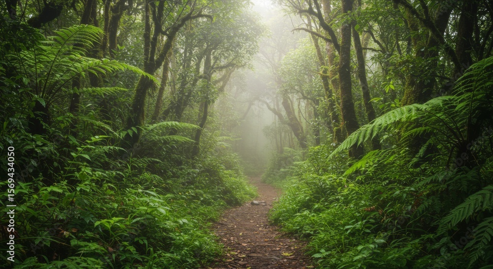 Fototapeta premium Lush Green Rainforest Path With Sunlight And Fog