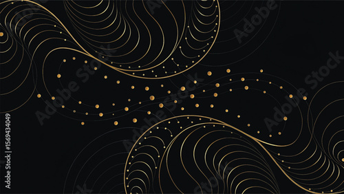 Abstract black and white background with swirling lines, metallic circles, and a futuristic light pattern