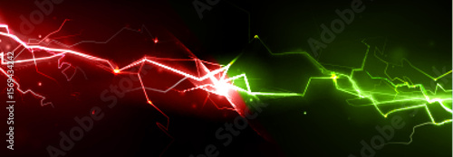 Red and green lightning bolts clash - electric energy collision with bright spark at center, glowing thunder effect. Versus battle scene with powerful electrical discharge, neon light streams.