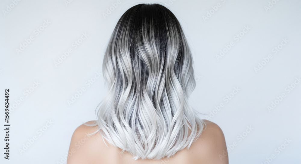 Naklejka premium Rear view of a woman with shoulder-length hair, her hair styled in soft waves, with a gradient color transitioning from dark at the roots to silver-white at the tips