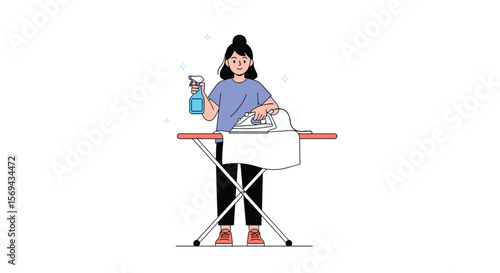 Person ironing clothes with a spray bottle and ironing board daily household chore illustration