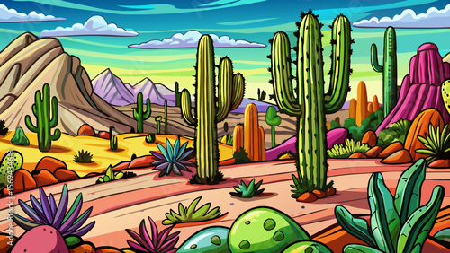 desert landscape with cactus cartoon illustration background