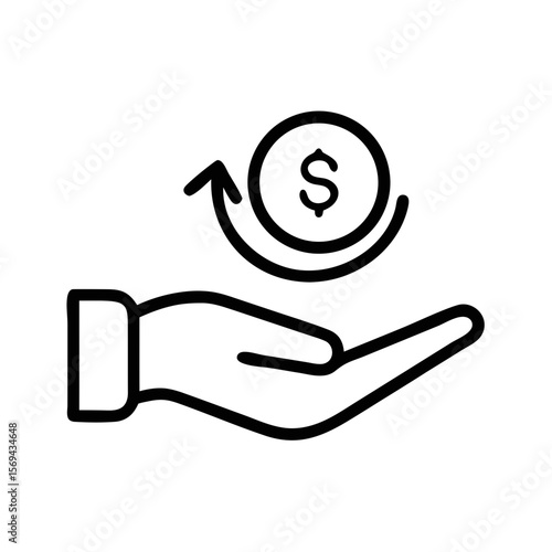 Refund Line Icon – Hand Holding Coin with Arrow for Finance and Payment Concepts