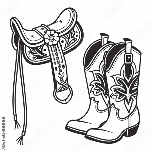 Western saddle and cowboy boots horse tack footwear