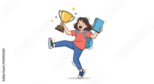 Excited student celebrates academic success holding a trophy and tablet celebrating achievement with joy