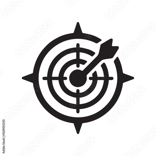 Black silhouette of a dart hitting the bullseye of a target with compass points