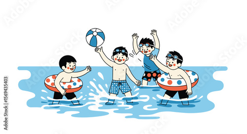 Children enjoying summer vacation playing in the water together with a ball