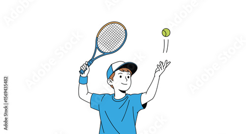 Young boy preparing to serve the tennis ball with racket raised high in the air