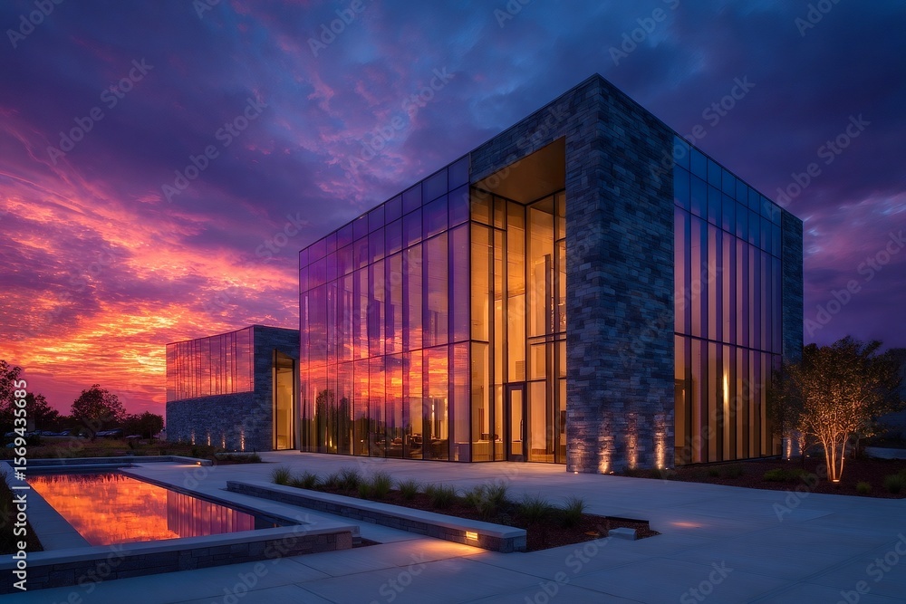 Obraz premium Modern glass office building reflecting vibrant sunset at twilight