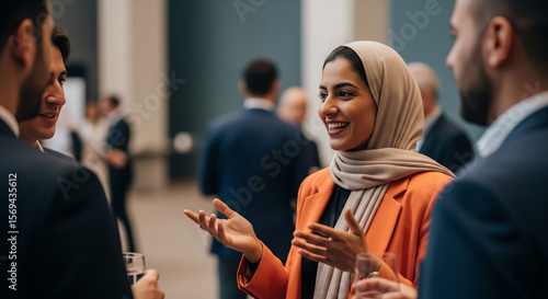 arab woman in a cream hijab and orange dress in a meeting with client in city