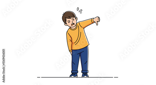 Disappointed child giving thumbs down gesture expressing negative feedback and disapproval