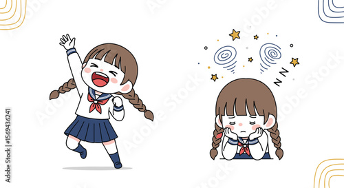 Joyful student celebrates academic success while another feels drained and exhausted after studying hard