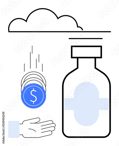 Coins symbolizing funding rain into an open hand beside a marked medical bottle under a cloud. Ideal for healthcare finance, cloud services, medication access, digital health, cost management