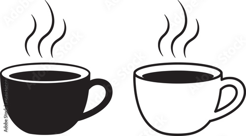 Two steaming coffee cups one black silhouette and one outline isolated on white background