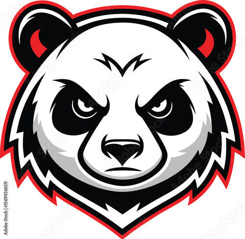 Aggressive panda mascot head with red black and white accents