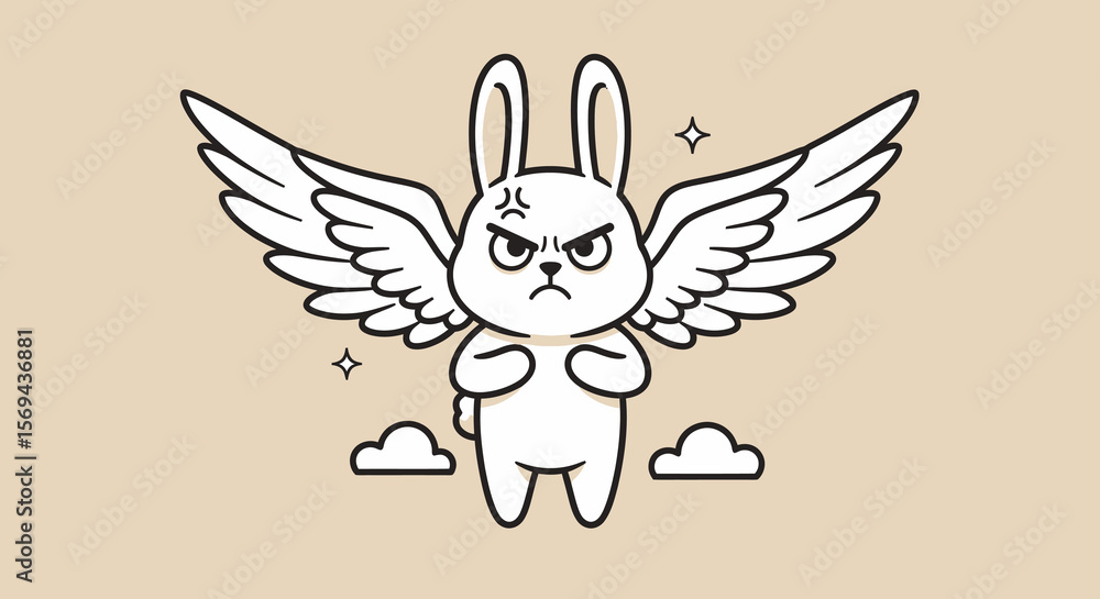 Obraz premium Angry Cartoon Bunny with Wings, Grumpy Expression, and Clouds