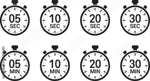 Collection of stopwatch icons showing time increments silhouette isolated on white background