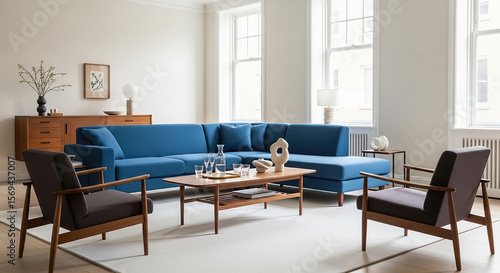 Bright minimalist living room withblue couch and mid-century furniture