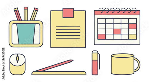 Pastel Yellow Desk Items Illustration Pencils Notepad Calendar Mug Mouse