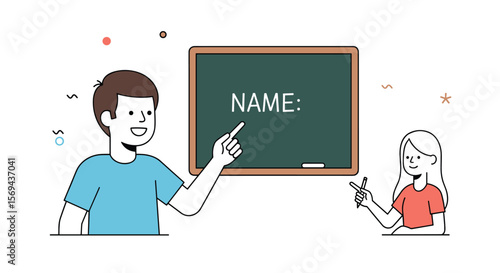 Teacher and student learning together in a classroom setting pointing at a blackboard with the word name written on it