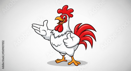 Cartoon Rooster Mascot with Red Comb and Tail Feathers on White Background