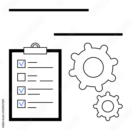 Checklist with marked tasks on clipboard and interlocked gears emphasizing organization and efficiency. Ideal for task management, teamwork, productivity, workflow, planning, operations, simple