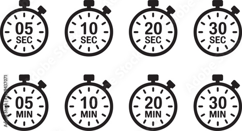 Set of stopwatch icons for 5 10 20 30 seconds and minutes isolated on white background silhouette