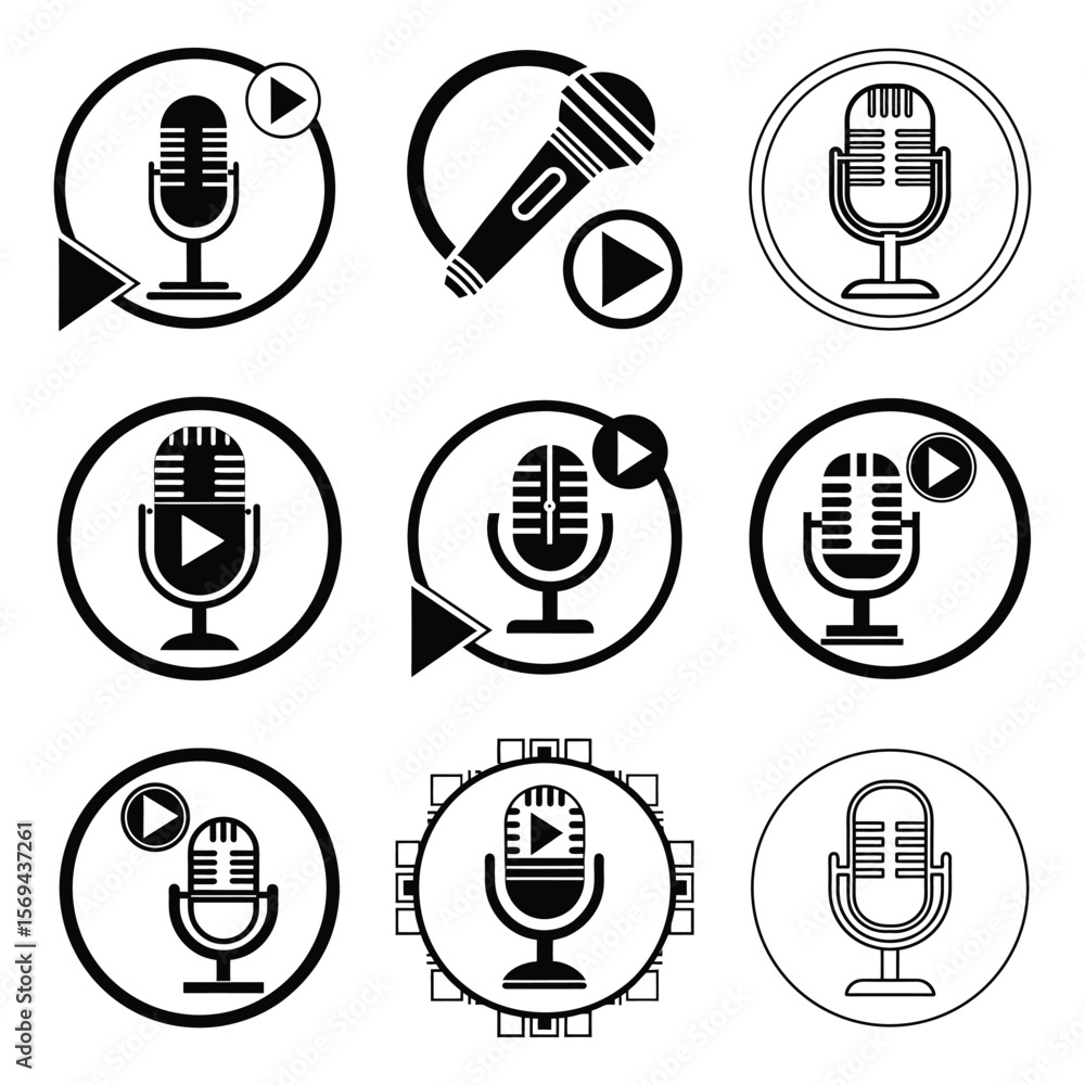 A set of black and white vector podcast line icons for web design, featuring symbols for music, microphone, radio, and sound equipment A set of black and white vector podcast line icons for web design, featuring symbols for music, microphone, radio, and sound equipment