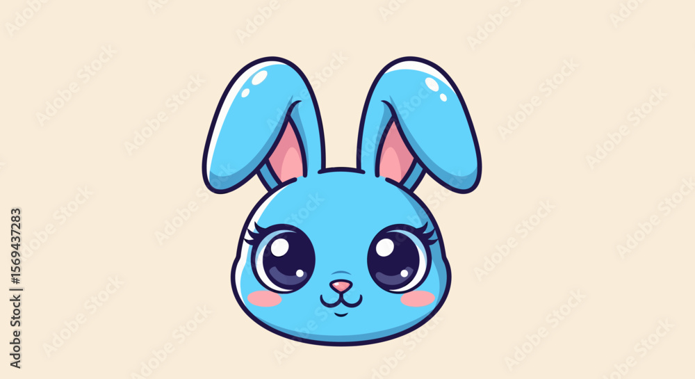 Fototapeta premium Cute Blue Cartoon Bunny Head with Big Eyes and Pink Cheeks
