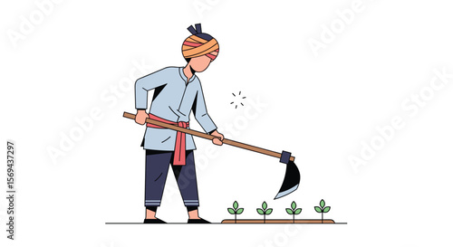 Farmer cultivating young plants with traditional hoe on a sunny day